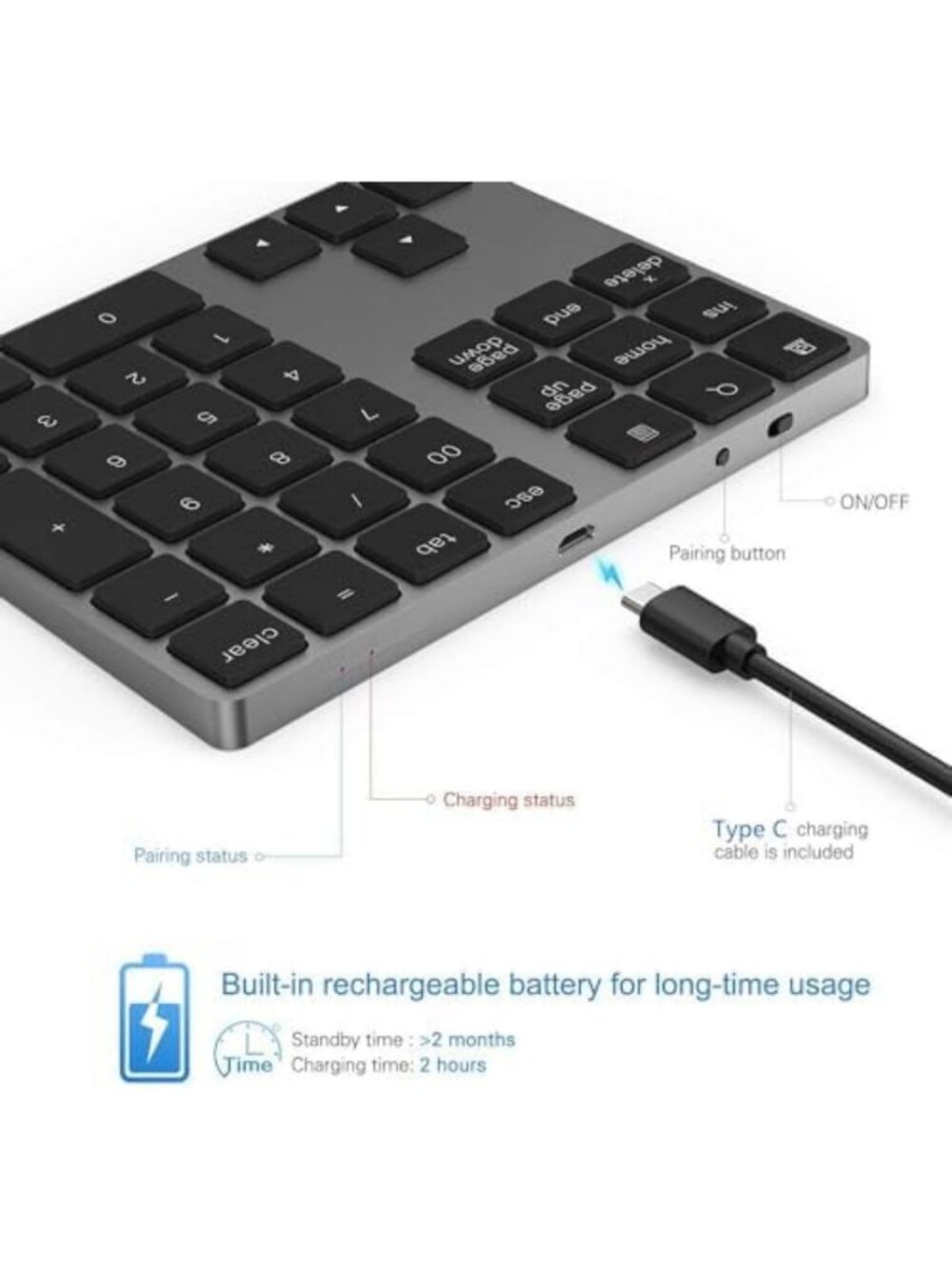 Wireless Rechargeable Aluminum Bluetooth Numeric Keypad - Portable Number Pad - Picture 3 of 6